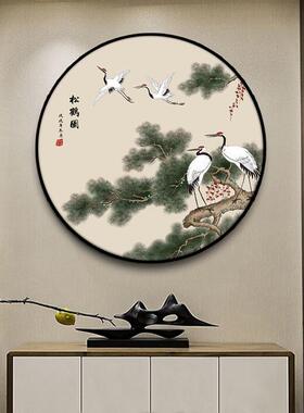 网红年新式迎客松玄关装饰画壁入户中客房厅走廊形墙画松延鹤书圆