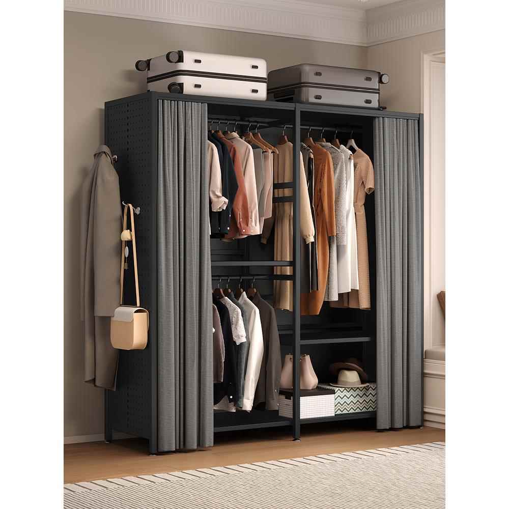 Perforated board wardrobe home bedroom simple dustproof cloth metal wardrobe iron hanger thickened floor-standing hanging wardrobe