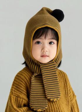 婴儿帽子6到12个月宝宝秋天帽子秋冬季围巾一体帽男女童毛线针织