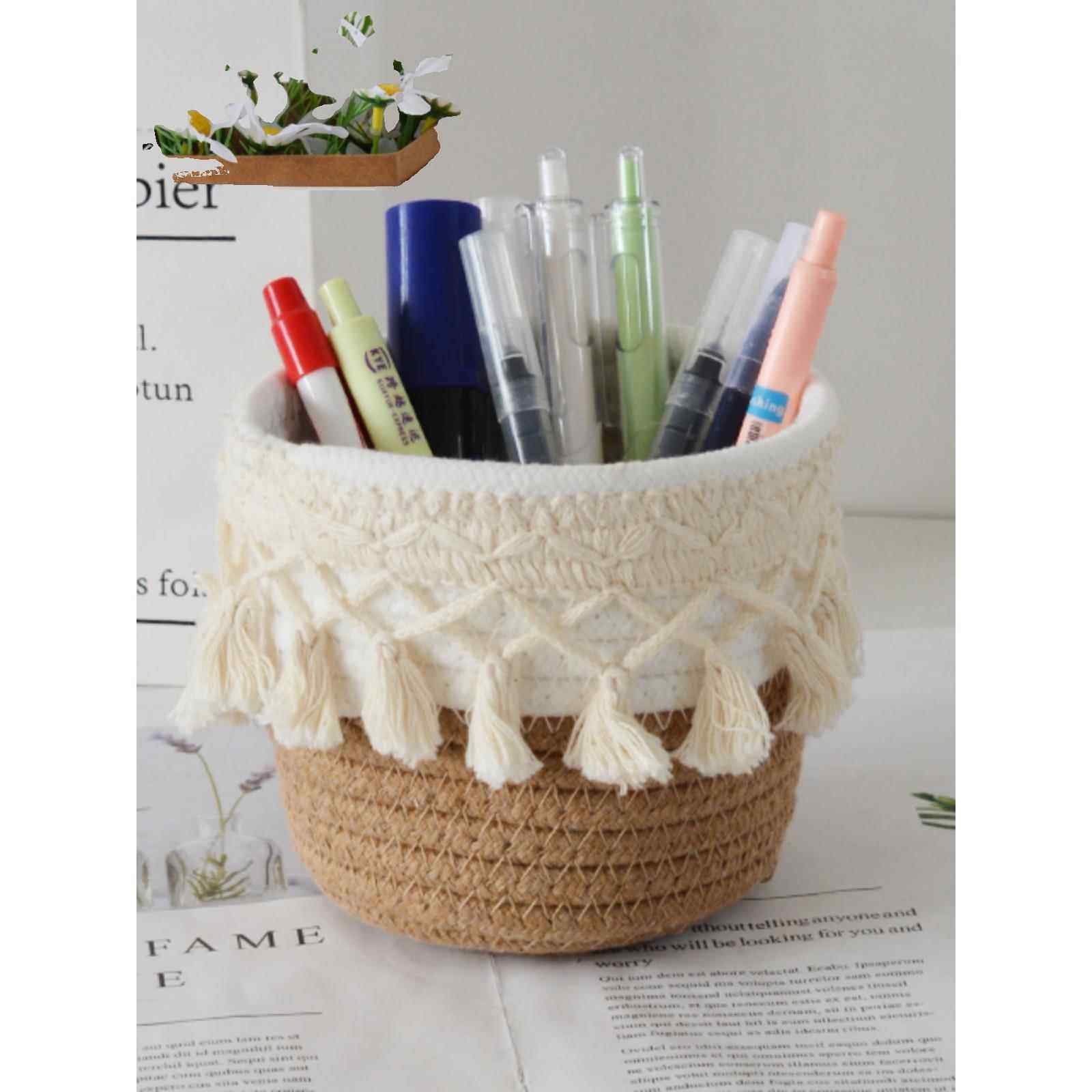 桌面创意笔筒置物篮茶几杂物收纳篮编织收纳筐北欧流苏棉线收纳盒,淘宝优惠券,粉丝福利购,淘宝优惠卷