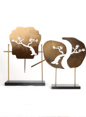 新中式金属迎客松扇子摆件样板间别墅禅意博古架客厅玄关软装饰品