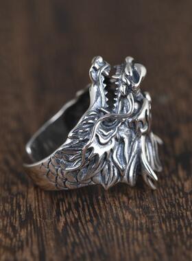 S925银复古泰银工艺戒指跨境销售银饰开口款龙头指环