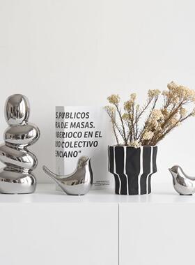 ins北欧现代轻奢设计高级感电镀银陶瓷小鸟花瓶家居装饰品摆件