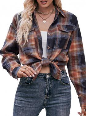 Shirt plaid pocket shirt for women衬衣格子口袋衬衫女