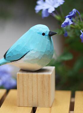 鹿妖商店 山地蓝知更鸟山蓝鸲 肥啾 木雕小鸟 纯手工实木桌面摆件