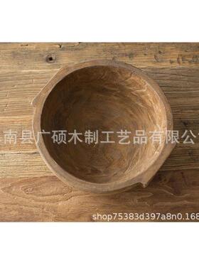 木碗做旧把手圆木盆宝宝拍照新生儿摄影道具家居收纳创意摆件带