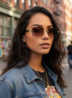 Rectangular Sunglasses Retro Rimless Trendy Vintage Design