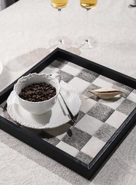 黑白棋盘格马毛托盘摆件ins风卫生间北欧首饰咖啡杯桌面收纳盘
