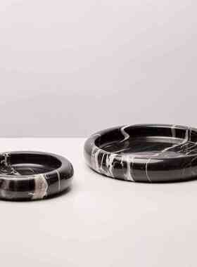 创意天然大理石圆形零食水果收纳托盘果盘摆件绿植花盆花器装饰品