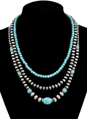Triple layered jewelry necklace, women's turquoise