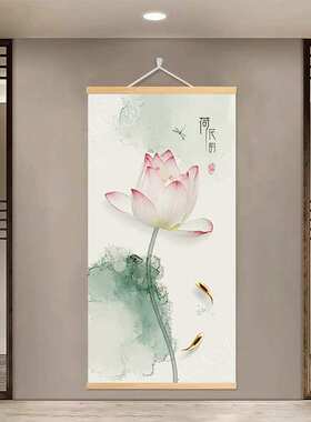 荷花挂中式新布背景布装饰画玄关画入户门装饰画遮挡挂画布艺客厅