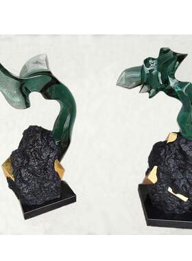 现新中式透明树脂工艺品 墨绿透明色假山样板房茶室软装饰品
