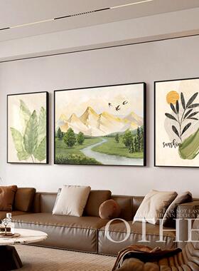 日照金山客厅装饰画寓意好山水风景壁画背有靠山沙发背景三联挂画