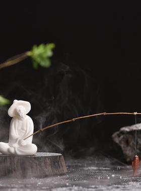姜太公钓鱼摆件创意陶瓷翁老头鱼缸假山造景家居客厅人物禅意摆设