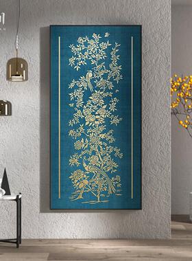 新中式客厅茶室书房装饰画入户玄关蓝色花鸟图轻奢壁画竖版挂画