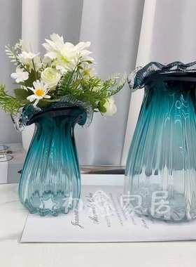 高端湖水蓝琉璃花瓶 轻奢高级感侘寂风玻璃艺术抽象花器摆件