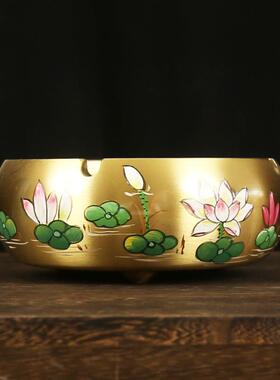 烟灰缸纯黄铜创意摆件铜器复古五虎万字纹工艺品龙凤呈祥摆件礼品