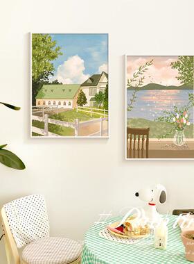 ins奶油风饭厅装饰画画绿色风景客厅壁画画小清新治愈系卧室床头
