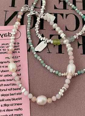 碎银粉色水晶珍珠手链女几何小众感彩色手串不掉色夏手饰