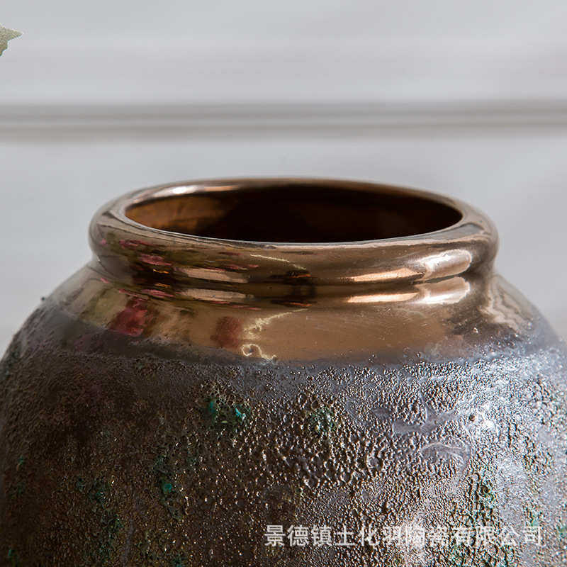 景德镇陶瓷器批发 复古落地花瓶仿古粗陶罐花盆做旧绿釉花瓶摆件 - 图1