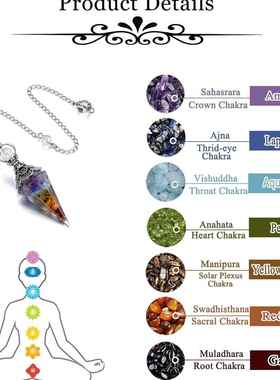 外贸新品古银七彩水晶钟摆半宝石七彩碎石树脂灵摆 六角锥吊坠