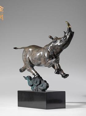 铜金岁月飞天犀牛黄铜犀牛铜摆件工艺品新中式办公室艺术装饰摆件