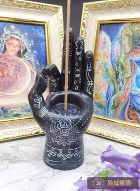 树脂杯蜡烛台黑色手OK造型太阳月亮眼睛花纹香插熏香摆件水晶收纳