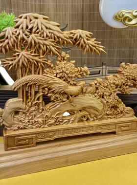崖柏木摆件雕刻竹报平安木质工艺品镂空设计装饰品客厅艺术品