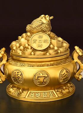 纯铜聚宝盆摆件家居客厅装饰店铺开 业礼品可开 盖金蟾盆元宝如意
