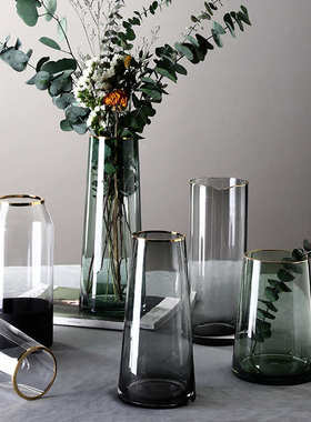北欧轻奢描金透明玻璃花瓶批发摆件ins风客厅餐桌插花家居装饰品