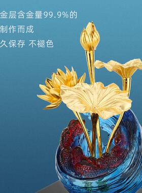 金箔莲花玄关摆件现代客厅办公室书柜酒柜电视柜摆设家居饰品
