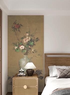 古画梅瓶花卉玄关墙面装饰贴画茶室中国画背景墙午瑞图墙贴纸定制