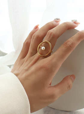 厂家一件代发电镀18K金几何型钛钢戒指仿珍珠个性时尚指环饰品女
