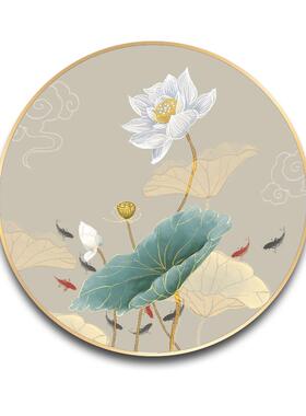 正品新中式荷花装画厅玄关饰莲国花壁画圆形禅意餐中风客厅背景墙