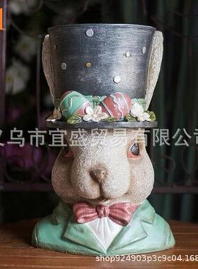新款直销跨境新款 可爱绅士兔男女摆件 树脂工艺品 牛头挂件白色
