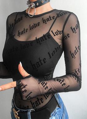 Sexy Women Mesh T-Shirts See-Through Perspective Tshirt Lett