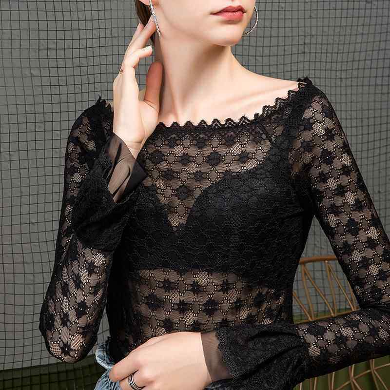 秋季新款一字领露肩蕾丝打底衫女修身喇叭袖洋气长袖欧货小衫,淘宝优惠券,粉丝福利购,淘宝优惠卷