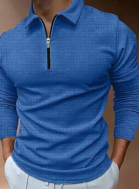Men's Fall Waffle Knit Polo Shirt Solid Color Half-Zip
