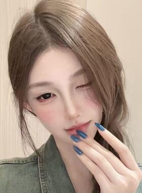 纯手工美甲贴片巨显白蓝色猫眼纯色穿戴甲秋冬中长版学生2025新款