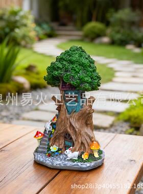 跨境太阳能树房屋雕像摆件庭院户外园艺公园微景观搭配装饰工艺品
