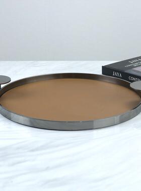 件简约饰现代轻橘色黑色皮FQJ金奢属圆托盘客厅桌面时尚收纳摆装