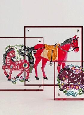 LIVETAI 非遗手工马年皮影摆件新年乔迁礼物喜庆红色年货装饰挂画