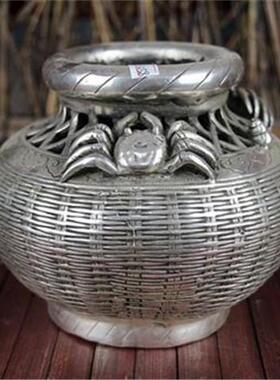 古玩杂项仿古铜器白铜书房居家摆件精品工艺品螃蟹箩筐缸