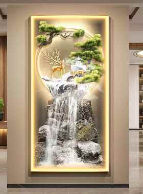 轻奢流水生财走廊尽头挂画带灯光招财鹿玄关装饰画进门正对墙壁画