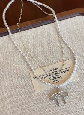 蝴蝶结银子金属爱心珍珠项链项链