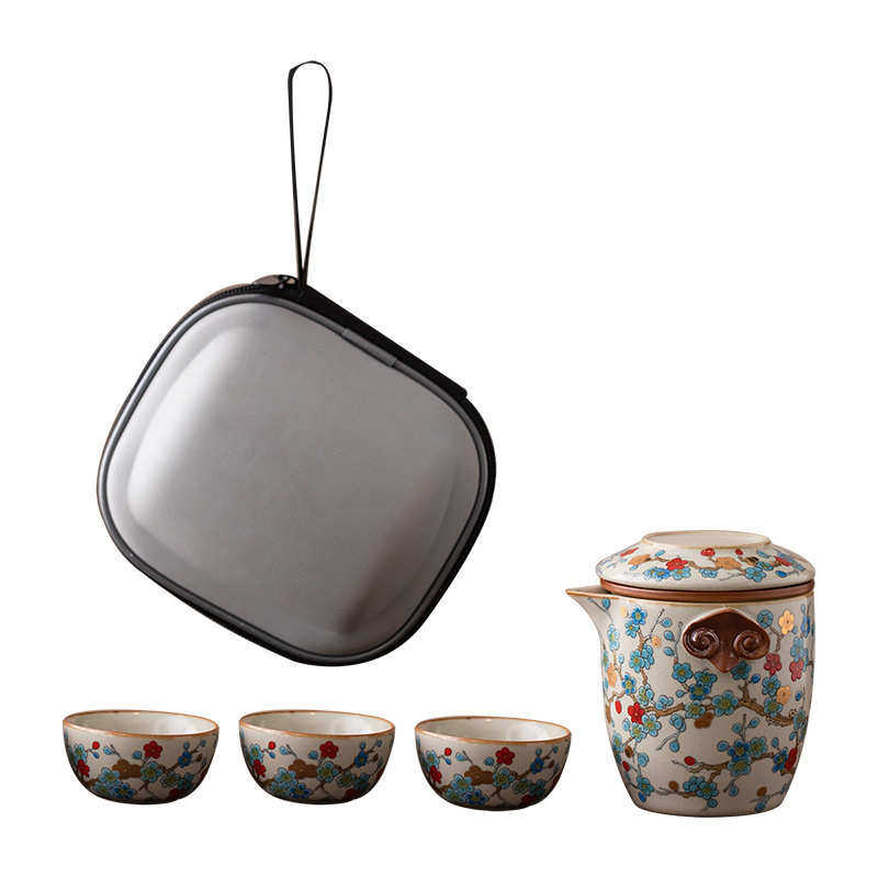 寻器高档汝窑金梅快客杯陶瓷旅行茶具一壶三杯户外便携式茶杯套装,淘宝优惠券,粉丝福利购,淘宝优惠卷