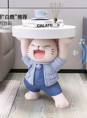 多功能大型落地发财猫卡通摆件客厅玻璃纤维装饰品小茶几卧室床头