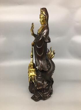 古玩做旧供奉铜观音家居摆设黄铜仿紫铜色鎏金龙观音摆件