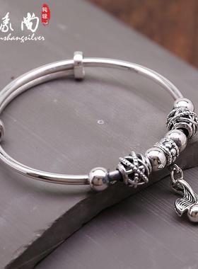 足银9999纯银手镯女复古气圆质吊镯流苏款鱼坠珠子推KDL拉送女友