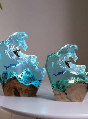 海浪鲸鱼水母海洋冲浪树脂工艺品办公室桌面实木夜灯摆件纪念礼品